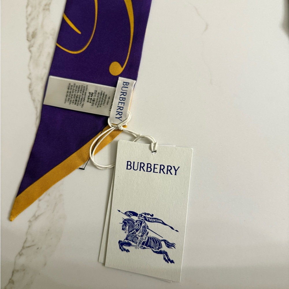Burberry,‎ new with tags and gift box 100% silk scarf, purple and gold - Picture 4 of 8